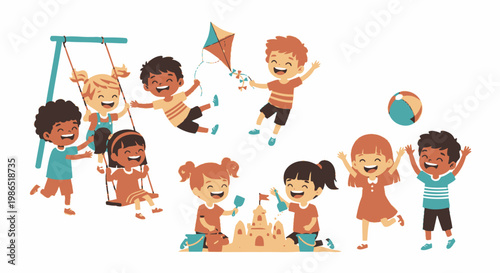 Diverse children playing together outdoors happily.