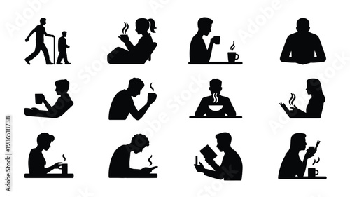 Silhouettes of people performing everyday activities in minimalist black and white style depicting reading drinking walking and relaxing in various postures