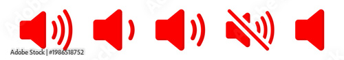 Red flat audio icons with volume speaker sound waves and mute silence symbols