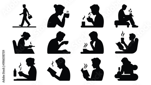 Silhouettes of people engaging in daily activities such as walking sitting reading and using devices black minimalist icons