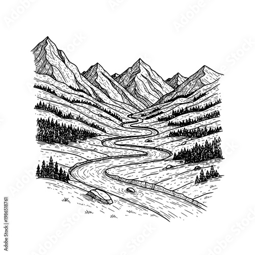 Minimalist Mountain Landscape Sketch Vector Illustration for Designers