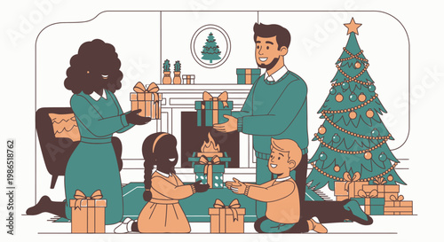 Family opening Christmas gifts together.