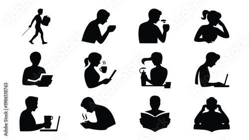 Silhouettes of people engaging in daily activities including walking reading working on laptops and drinking coffee