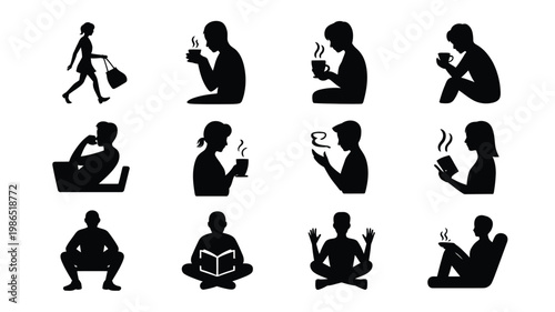Silhouettes of people performing daily activities like walking reading eating and using laptops minimalist black figures on white background
