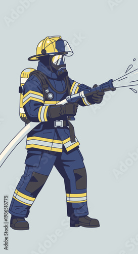 Firefighter in protective gear spraying water 1.