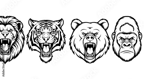 Fierce animal heads in a row.