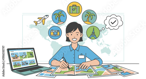 Woman planning travel with maps.