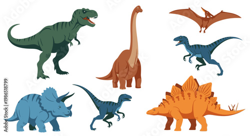 Group of colorful dinosaur toys standing.