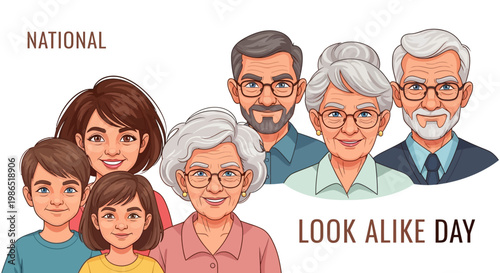 A vector illustration features a multigenerational family with similar appearances, celebrating National Look Alike Day with matching faces and a humorous identity concept, set