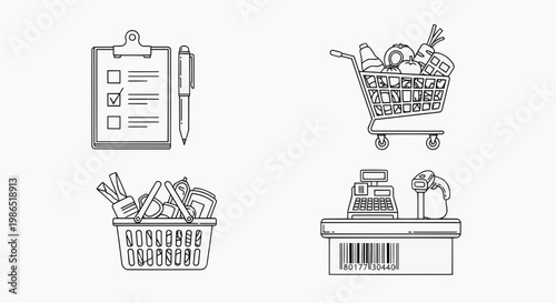 Shopping icons including a checklist, grocery baskets, and a cash register on a counter