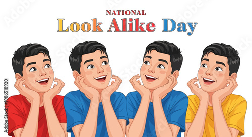 Illustration celebrating National Look Alike Day, featuring four cartoon men with identical faces and similar appearances, propping their chins with their hands, against a clean white