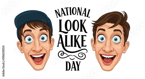 Identical twins are celebrated on National Look Alike Day, showcased with a humorous cartoon-style illustration comparing their matching faces against a clean white background, capturing