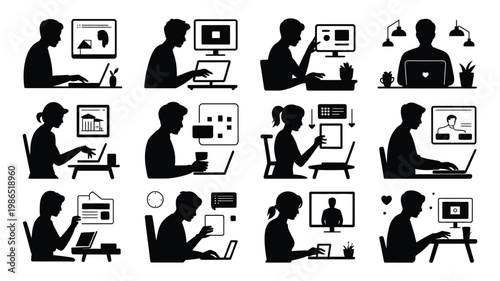 Silhouetted professionals working on laptops and computers in modern office settings showing multitasking and collaboration in digital workspaces