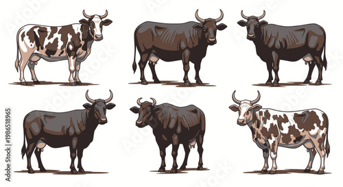 Brown and white cows standing still.