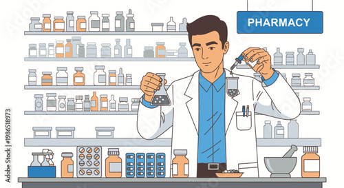 Pharmacist preparing medication in pharmacy.