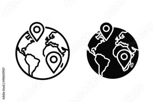 Earth globe with location pins, travel planning, international navigation vector illustration