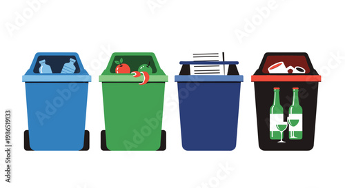 Set of four color coded recycling bins for plastic organic waste paper and glass bottles to promote environmental sustainability.