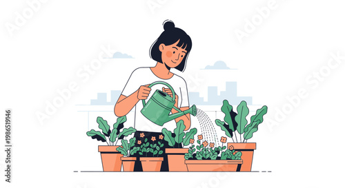Woman watering plants in pots.