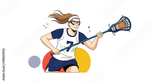 Athletic young woman in a sports uniform playing lacrosse with a stick and ball in a dynamic action pose on a white background.
