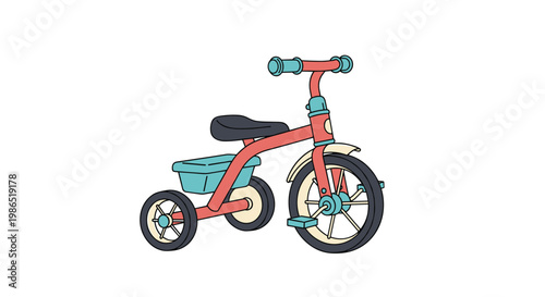 Cute red and white tricycle for children with a small basket on the back and teal handles shown on a solid white background for toys.