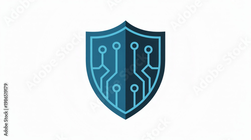 Cyber security shield icon, blue circuit board design, technology protection symbol, vector graphic