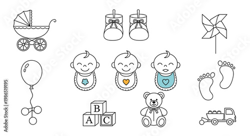 Set of simple black and white baby icons including a stroller teddy bear toys and footprints for newborn and nursery themes.