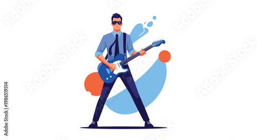 Stylish modern man wearing sunglasses and a necktie plays a blue electric guitar in a dynamic and colorful flat illustration.