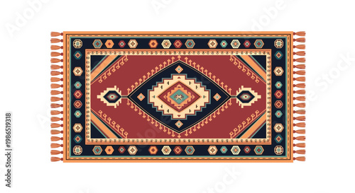 Ornate traditional rug design features complex geometric patterns in red, navy blue, and cream with decorative side tassels.