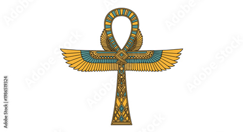Intricate ancient egyptian ankh symbol is embellished with ornate golden wings and teal accents in a traditional art style.