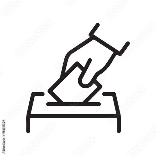 Hand placing vote in ballot box, linear icon. Election, referendum, or democratic process. Line with editable stroke.