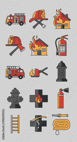 Firefighting equipment icons and symbols.