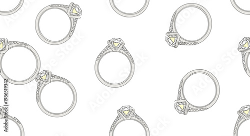 Elegant seamless pattern repeats various silver engagement rings with sparkling diamonds for romantic jewelry concepts.