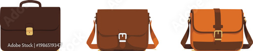 Flat Illustration of Leather Messenger Bags in Various Styles for Fashion, Accessories, and Professional Gear Design