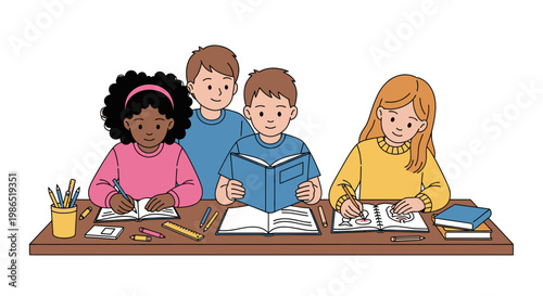 Four children sitting at a desk.