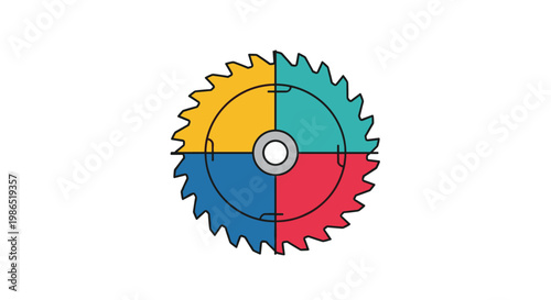 Industrial circular saw blade is divided into four vibrant colored sections including yellow, teal, blue, and red segments.