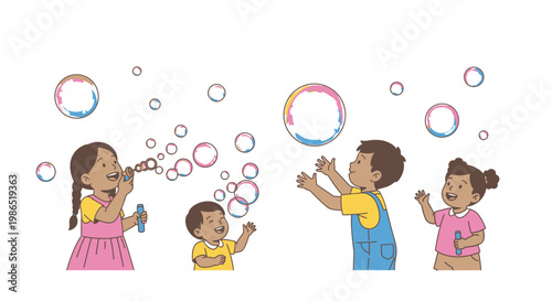 Children Playing With Soap Bubbles Outdoors.