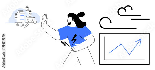 Health concepts, food allergies, dietary restrictions, lactose intolerance, personal health, analysis. A woman gesturing toward milk, cheese and wind symbols with a chart. Health concepts and food