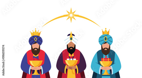 Biblical scene features the three wise men in royal robes carrying gold, frankincense, and myrrh under a guiding star.