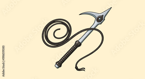 Steel grappling hook with three prongs is attached to a long coiled rope for climbing and adventure illustration purposes.