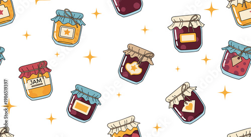 Charming seamless pattern displays various jars of homemade fruit jam with decorative cloth lids and golden star accents.