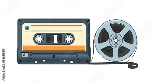 Retro audio cassette tape and a large open reel-to-reel tape spool, representing classic music recording and playback technology.