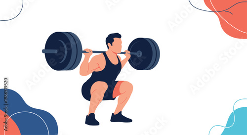 Athletic man performing a heavy barbell back squat exercise, representing strength training, fitness, and powerlifting in a gym setting.