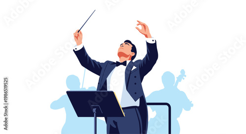Orchestra conductor in a formal tuxedo passionately leading musicians with a baton, shown with silhouettes of players in the background.