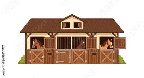 Traditional horse stable with brown horses looking out from their wooden stalls, set in a cozy farm or ranch environment.
