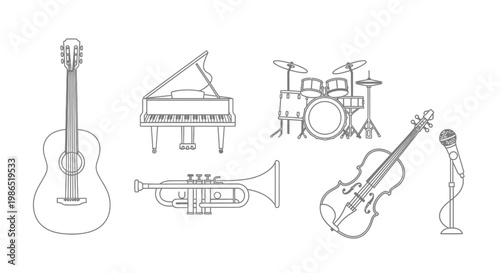 Musical Instruments Group Line Drawing.