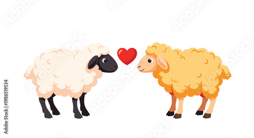 Two adorable sheep, one white and one yellow, facing each other with a red heart in between them, symbolizing love and friendship.