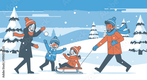 Family playing in winter snow together.