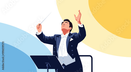 Dynamic silhouette of an orchestra conductor with a baton against a colorful abstract background of blue and yellow shapes.
