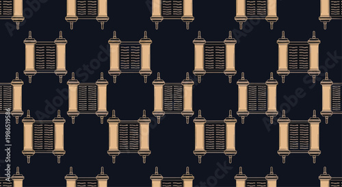 Traditional Torah scrolls arranged in a repeating seamless pattern over a dark blue background, suitable for religious or cultural themes.