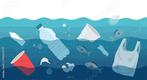 Serious environmental issue of plastic pollution shown with bottles, bags, and cups floating in the ocean alongside fish and bubbles.